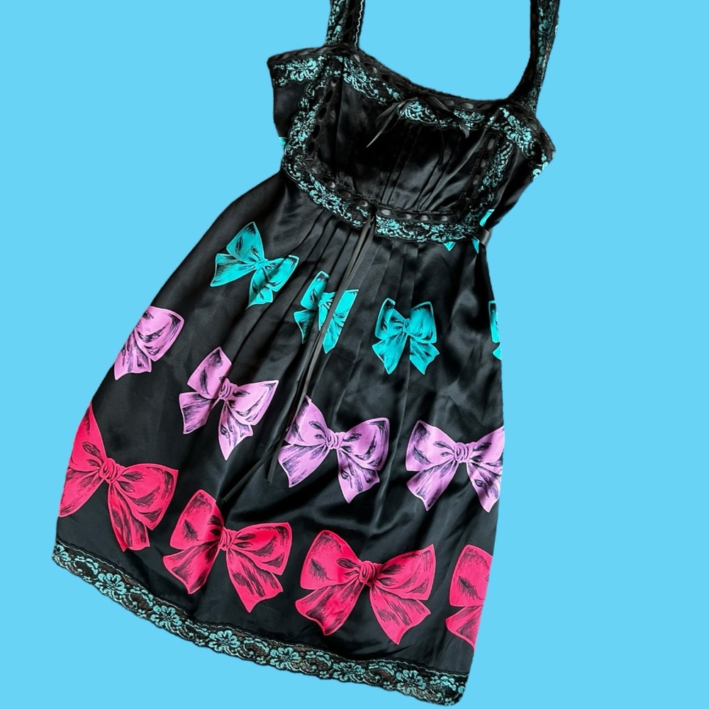Betsey Johnson Black Dress with Pink, Purple, and Blue Bows